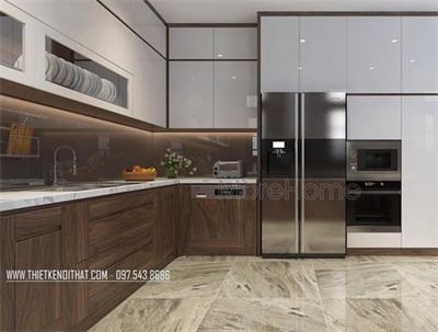 Kính ốp bếp màu nâu tại biệt thự An Hưng, HN