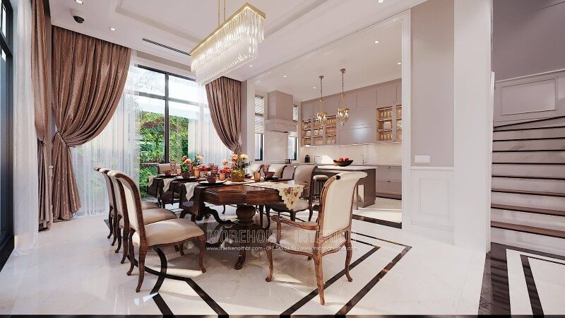 Thiết kế phòng ăn gỗ óc chó nhập khẩu sang trọng cho biệt thự Ciputra Tây Hồ Hà Nội Thiết kế phòng ăn biệt thự