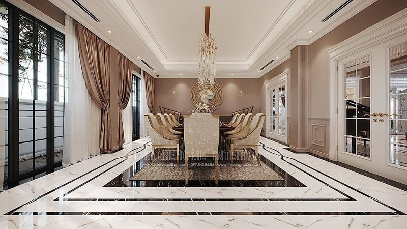 Thiết kế phòng ăn biệt thự sang trọng với bộ bàn ăn tân cổ điển bọc nỉ tạo điểm nhấn nổi bật, cuốn hút mọi ánh nhìn Thiết kế phòng ăn biệt thự