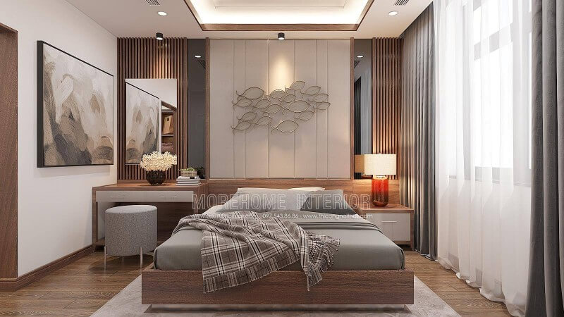 Bạn đang phân vân trong cách thiết kế phòng ngủ của mình, phòng ngủ nam tính, sang trọng và đẹp sử dụng tone màu nâu chủ yếu nhưng không kém phần mềm mại uyển chuyển từ họa tiết trang trí trên tường, chiếc đèn ngủ uốn cong hay chiếc ghế uốn cong phá cách. Thiết kế phòng ngủ biệt thự