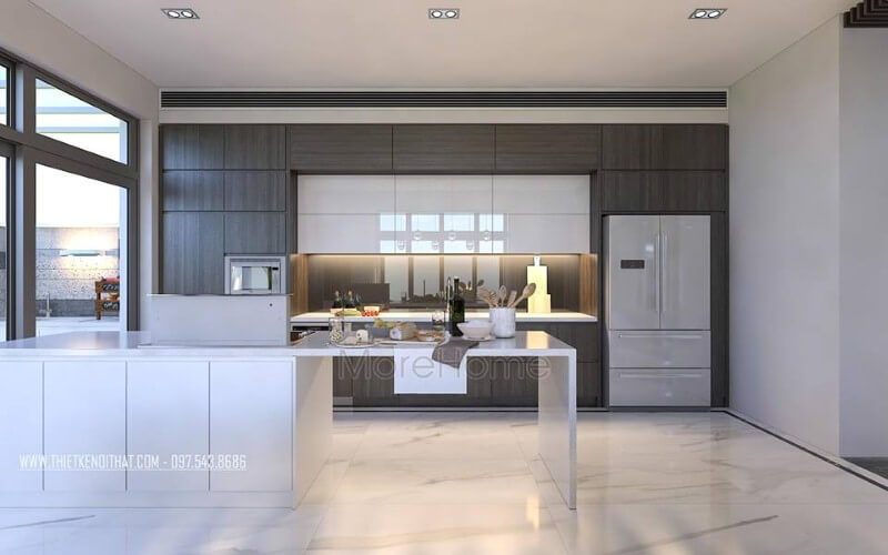 Tủ bếp đẹp, sang trọng từ gỗ công nghiệp An Cường cùng đá ốp nhân tạo cao cấp đã tạo nên vẻ đẹp hiện đại, độc đáo cho phòng bếp.