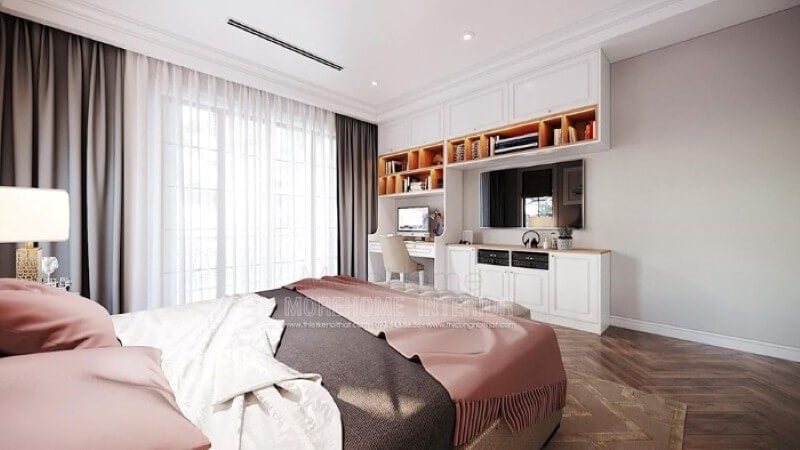 Bàn học liền kệ trang trí, kệ tivi, tủ đựng đồ tạo không gian đẹp, liền mạch, tối giản diện tích nhưng lại đảm bảo công năng hiệu quả cho phòng bé gái.