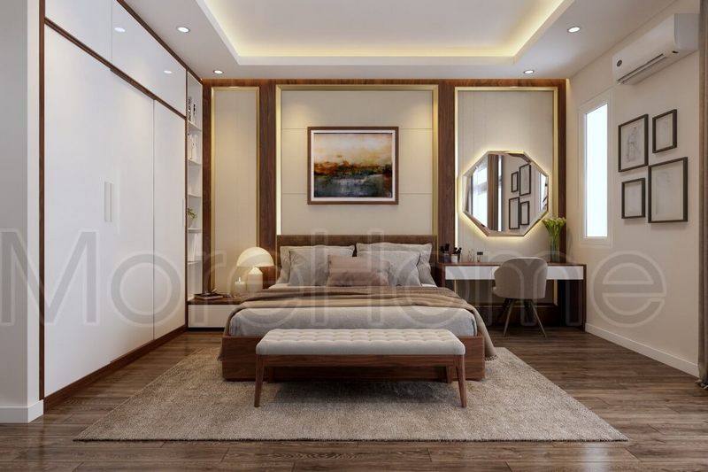 Mẫu tủ quần áo âm tường kèm kệ trang trí bằng gỗ công nghiệp màu trắng giúp tiết kiệm được không gian phòng ngủ tối ưu nhất
