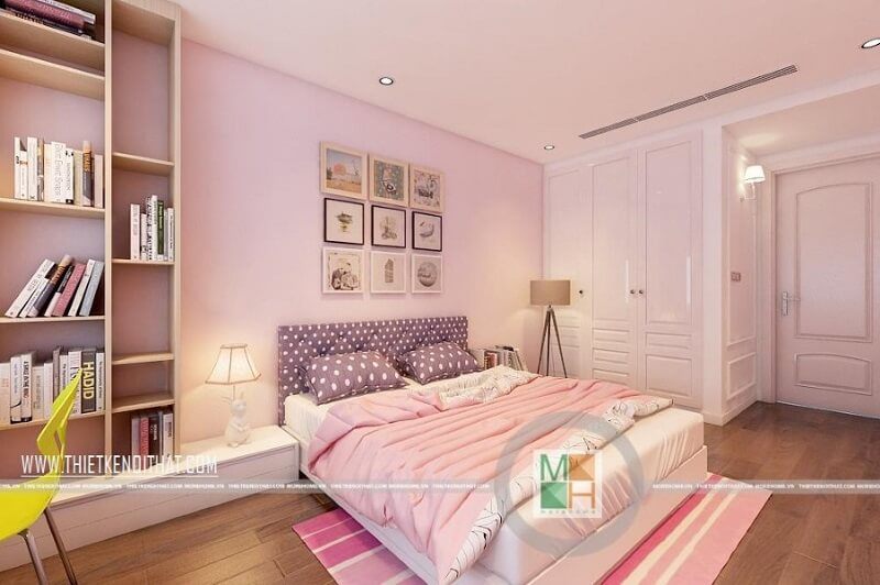 Thiết kế nội thất phòng ngủ bé gái đẹp với tường màu hồng nữ tính kết hợp nội thất đơn giản tiện nghi mang đến một căn phòng mơ cho bé