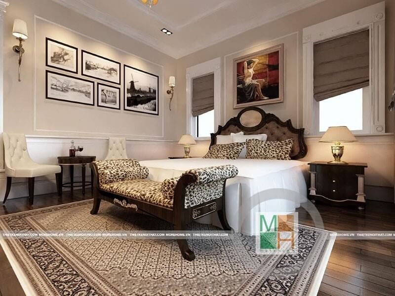 Thiết kế nội thất phòng ngủ với tone màu trắng chủ đạo kết hợp họa tiết báo tạo nên không gian quý phái và quyền lực