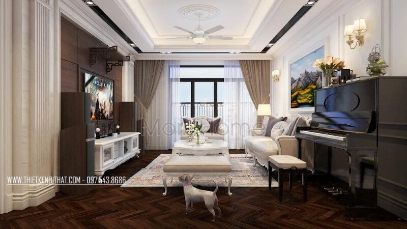 Bộ sofa màu trắng được đặt chính giữa không gian tạo cảm giác vững chãi và tiện nghi hơn cho gia chủ trong quá trình sử dụng
