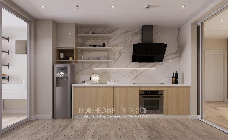 Tủ bếp gỗ công nghiệp MDF màu nâu sáng thiết kế nhiều ngăn hỗ trợ lưu chứa đồ đạc cho người nội trợ