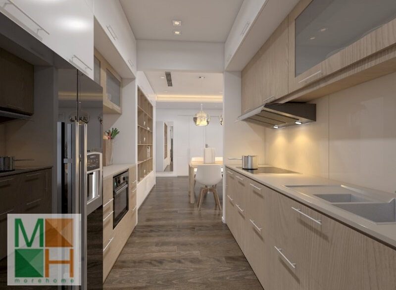 Với diện tích căn bếp nhỏ không còn là nỗi lo nếu chúng ta biết cách bố trí nội thất hợp lí và sử dụng hệ tủ bếp đa chức năng sát tường giúp tiết kiệm diện tích không gian