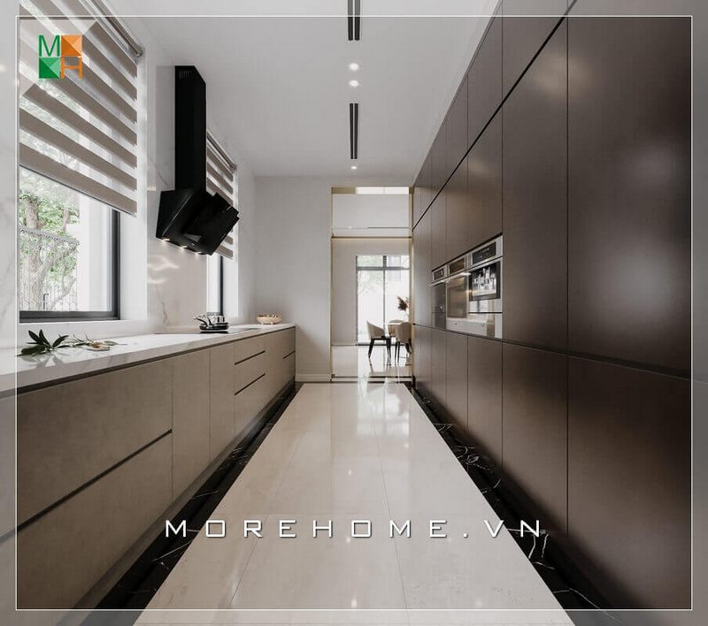 Mẫu hệ thống tủ bếp rất hiện đại, tiện nghi và sang trọng màu nâu đen.