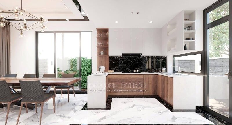 Tủ bếp hiện đại được thiết kế với phong cách ấn tượng, có sự phân chia khoa học giúp cho người nấu có thể làm việc hiệu quả và thuận tiện hơn.