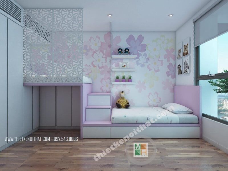 Phòng ngủ của trẻ em được trang trí đẹp mắt với tranh treo tường hình những con vật ngộ nghĩnh.